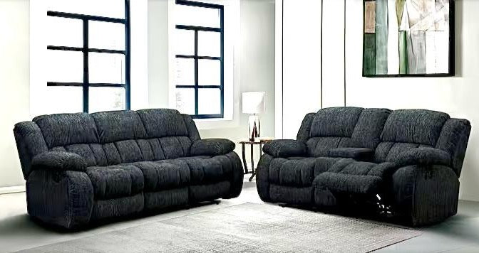 Strider Ebony Reclining Sofa & Loveseat with Cupholders and Storage