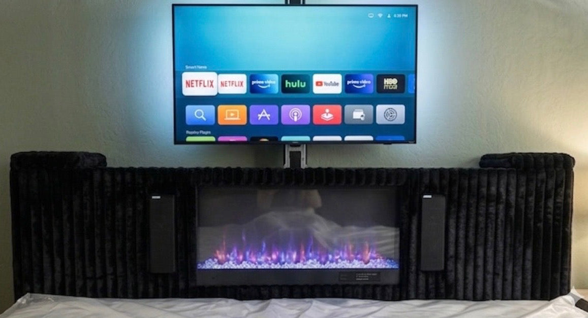 Rebecca Black Bed with Fireplace Display, Bluetooth Speakers, and Electric Pop Out TV Mount