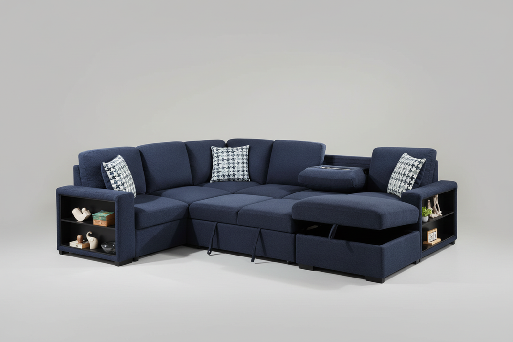 Maurice Blue Sleeper Sectional with Storage and Bookshelves
