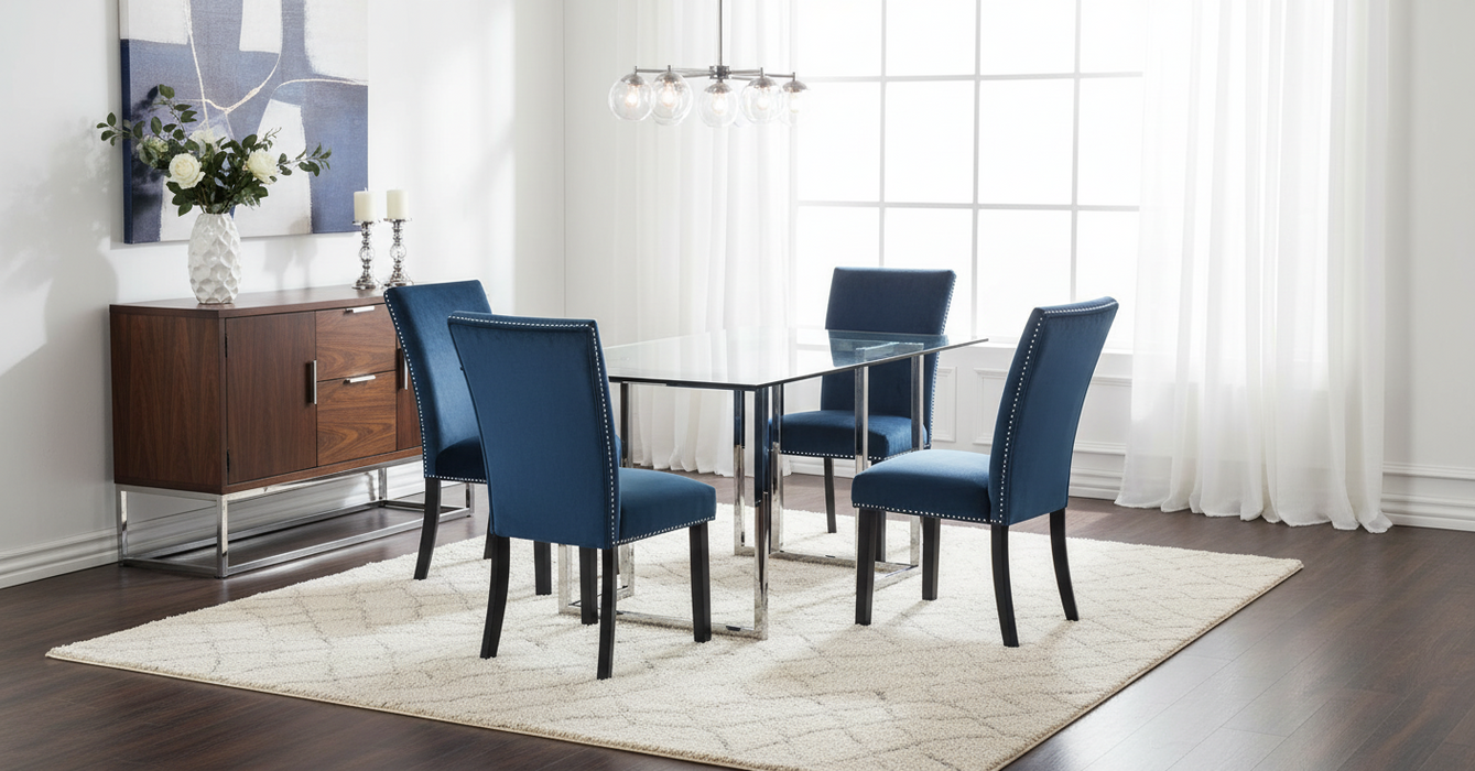 Jairo Table + 4 Blue Studded Chairs