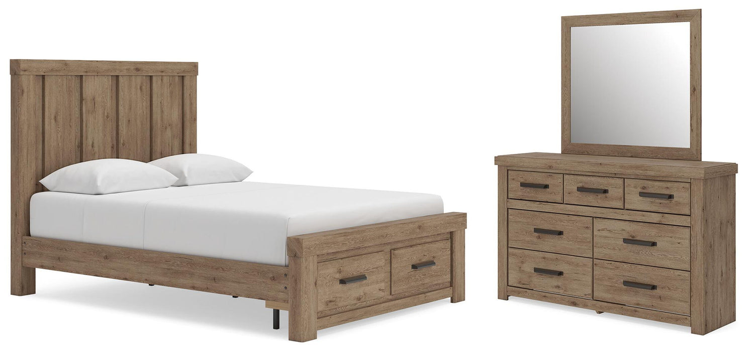 Oliandon - 3 Pc. - Queen Panel Storage Bed, Dresser And Mirror - Light Brown