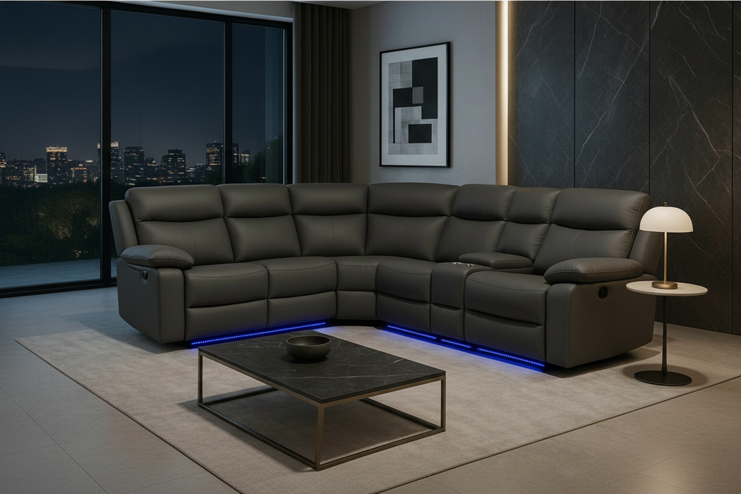 Torrent Gray Reclining Sectional + Cupholders + LED Lights + Speaker