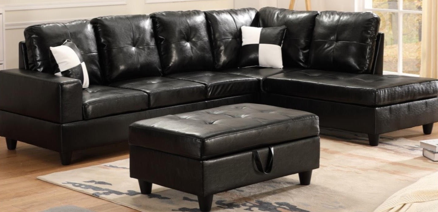Raeven Black Sectional with FREE Ottoman