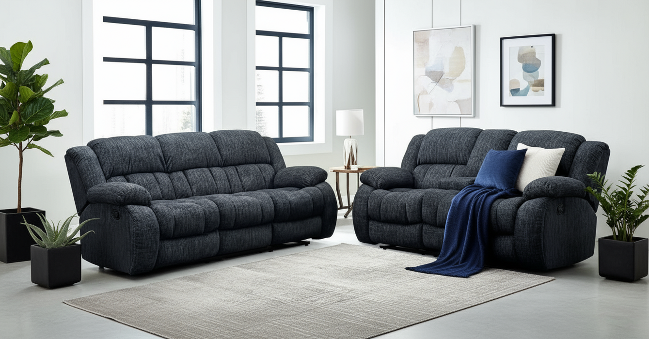 Strider Ebony Reclining Sofa & Loveseat with Cupholders and Storage