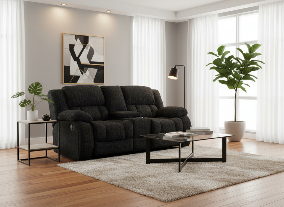 Strider Ebony Reclining Loveseat with Cupholders and Storage