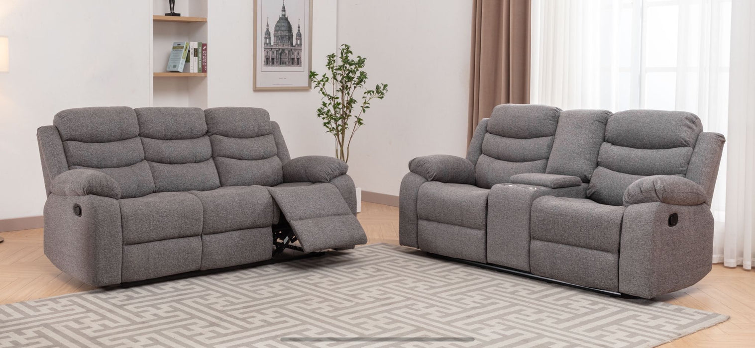 Jim Light Gray Reclining Sofa Love with Console