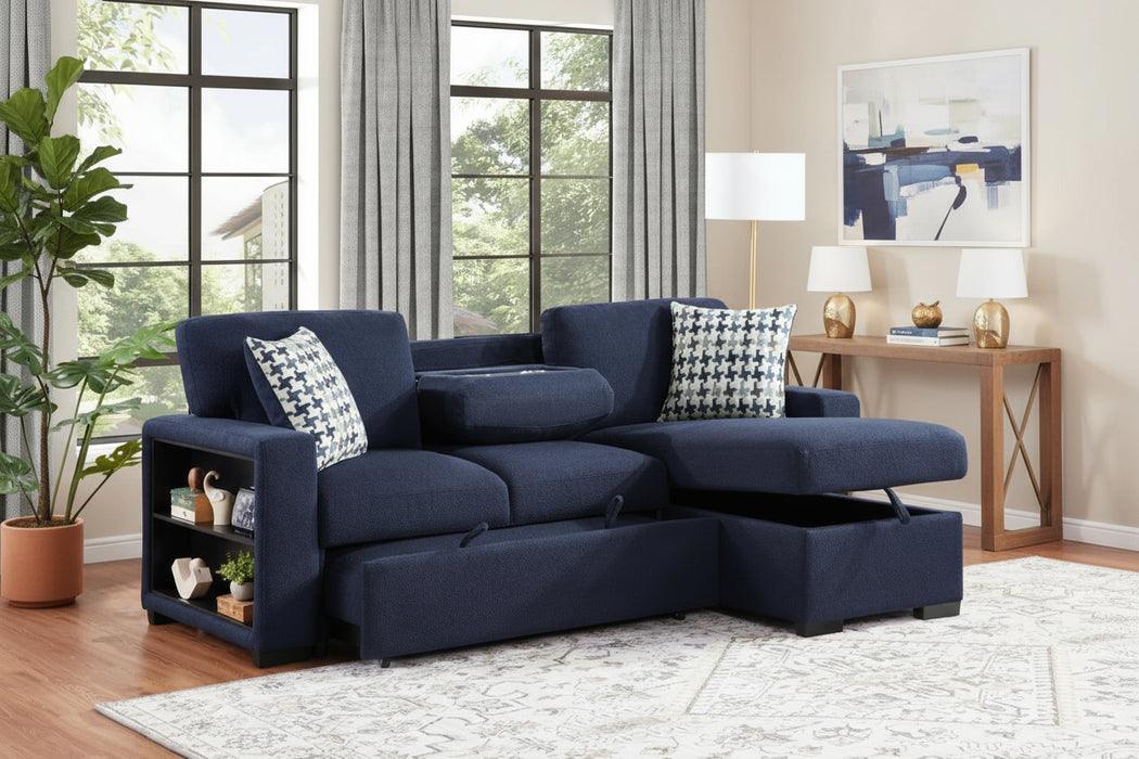 Luke Blue Sleeper Sectional with Storage and Bookshelf