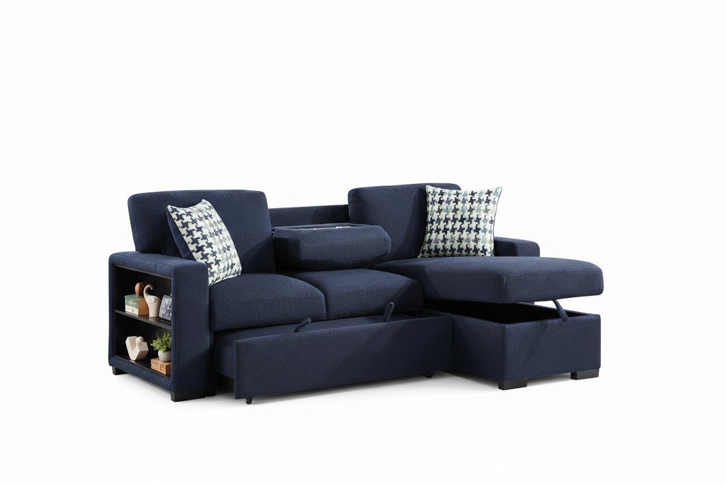 Luke Blue Sleeper Sectional with Storage and Bookshelf