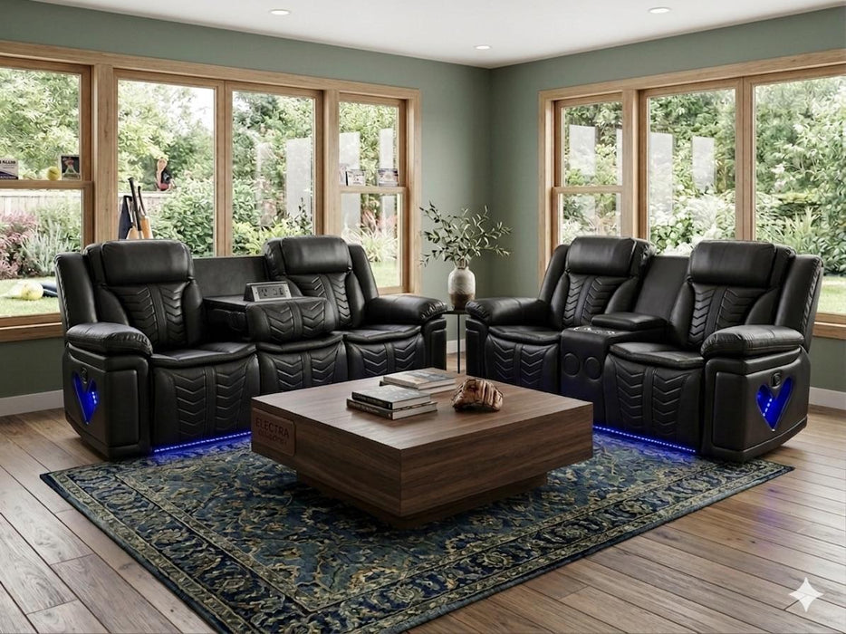 Electra Black Reclining Sofa & Love with LED Lights, Bluetooth Speakers, USB and Power Outlet