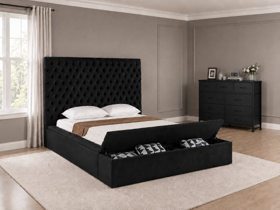 Miri Velvet Black Storage Bed Choose Your Size with FREE DRESSER