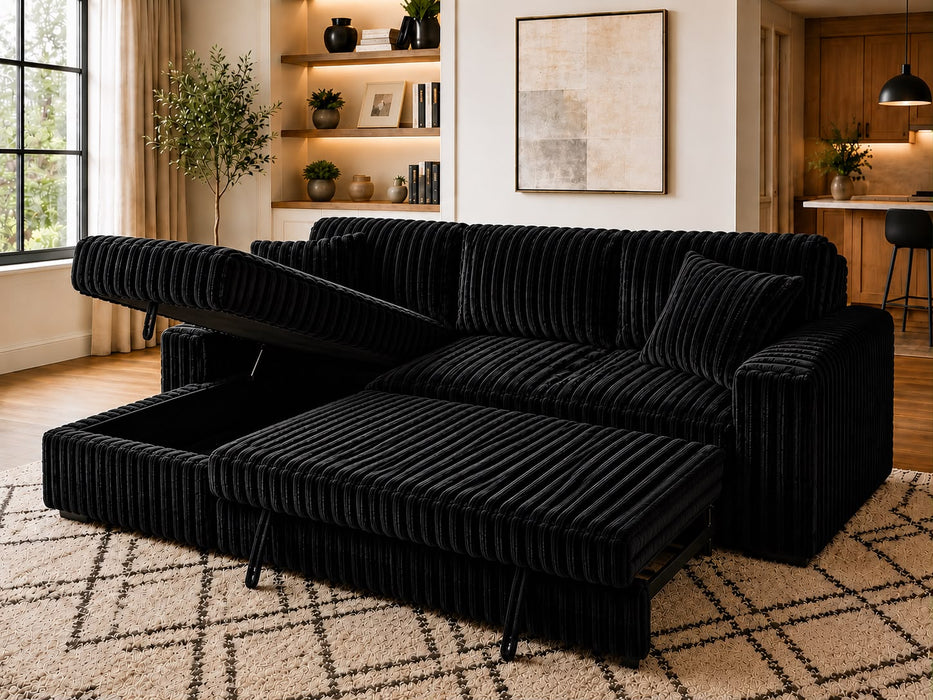 Carnado Black Corduroy Sleeper Sectional with Storage