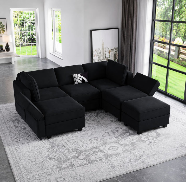 Hudson Black 6-Piece Sleeper Chaise Lounge Storage Sectional