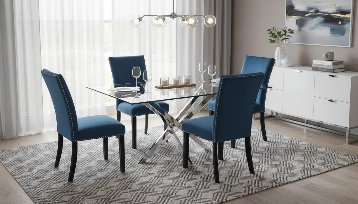 Glass Top Chrome Bottom Table & 4 Blue Studded Chairs