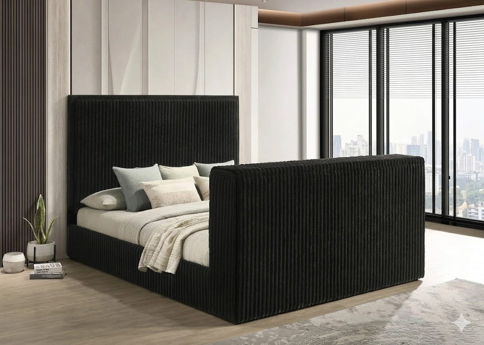 Rebecca Black Bed with Fireplace Display, Bluetooth Speakers, and Electric Pop Out TV Mount