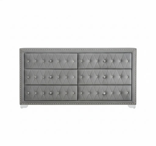 grey velvet dresser Melody - 6-Drawer Upholstered With Mirror KEY FEATURES Dresser Only Dresser w/7 Drawers in Gray/Blue