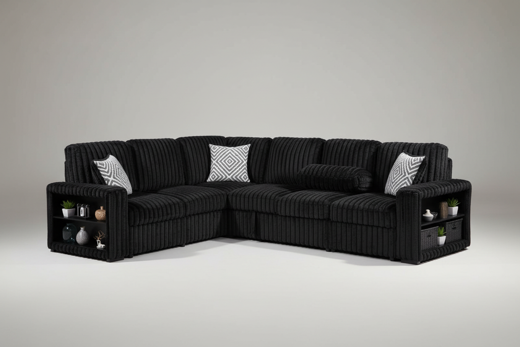 Maurice Black Corduroy Sleeper Sectional with Storage and Bookshelves
