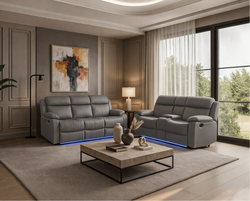 Torrent Gray Reclining Sofa and Loveseat with Cupholders, LED Lights and Speaker
