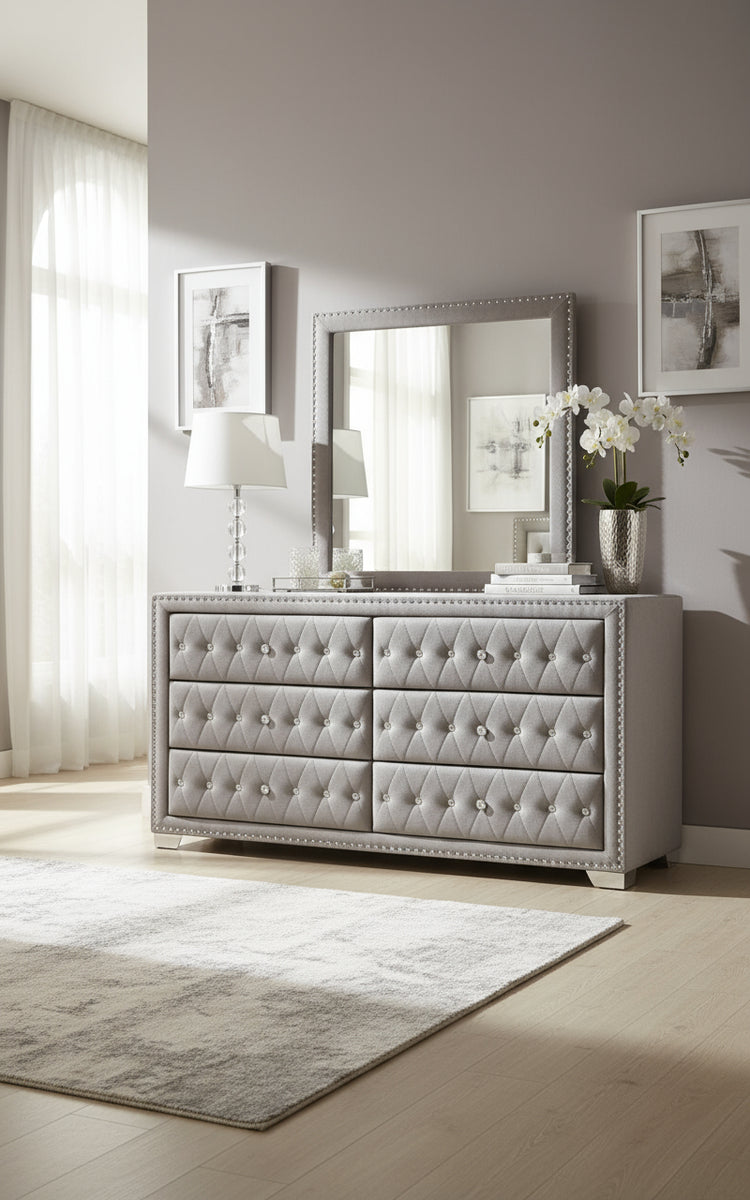 silver mirrored dresser STRADA Silver Alligator Texture 67" Wide Dresser & Mirror with LED's