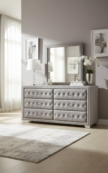 silver and mirrored dresser VINGLI for Bedroom with 6 Storage Drawer Modern Chest of Drawers, Silver, 32L x 12W x 28H : Home & Kitchen This dresser and mirror set is crafted from poplar wood and provides plenty of storage space within its glam design Titanic Furniture B218 Mirrored Dresser