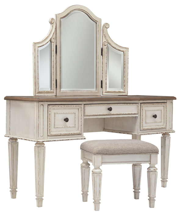 Realyn - Vanity/Mirror/Stool (Set of 3) - White / Brown / Beige | Price Busters Furniture Realyn - Vanity/Mirror/Stool (Set of 3) - White / Brown / Beige | Price Busters Furniture