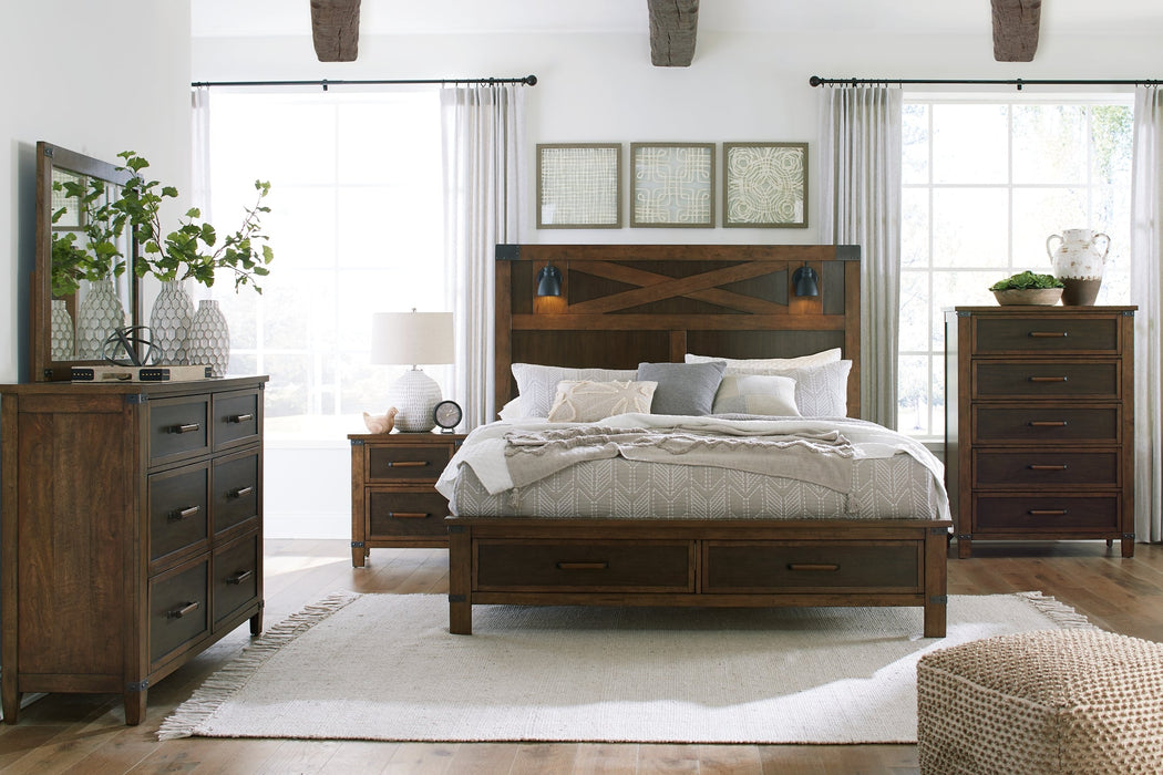 Wyattfield King Panel Bed with Mirrored Dresser, Chest and Nightstand